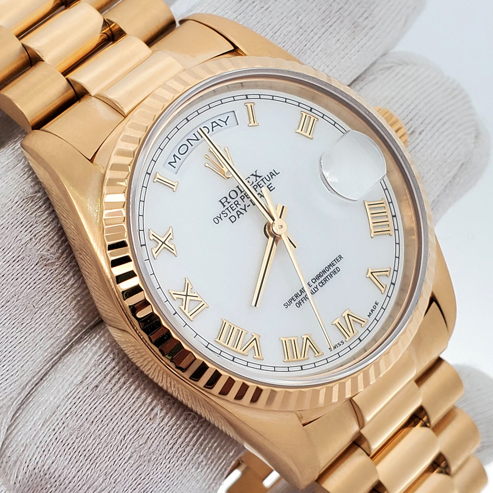 Rolex President Day-Date White Roman Double Quick 36MM Automatic Mens 18K Yellow Gold Watch 18238
