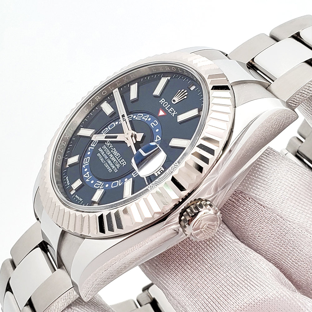 2022 Rolex Sky-Dweller White Gold Fluted Bezel Blue Index Dial Steel Oyster 42mm Watch 326934 Box Papers