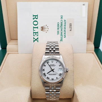 Rolex Datejust 31mm White Roman Dial Fluted bezel Jubilee Steel Watch 68274 Box Papers