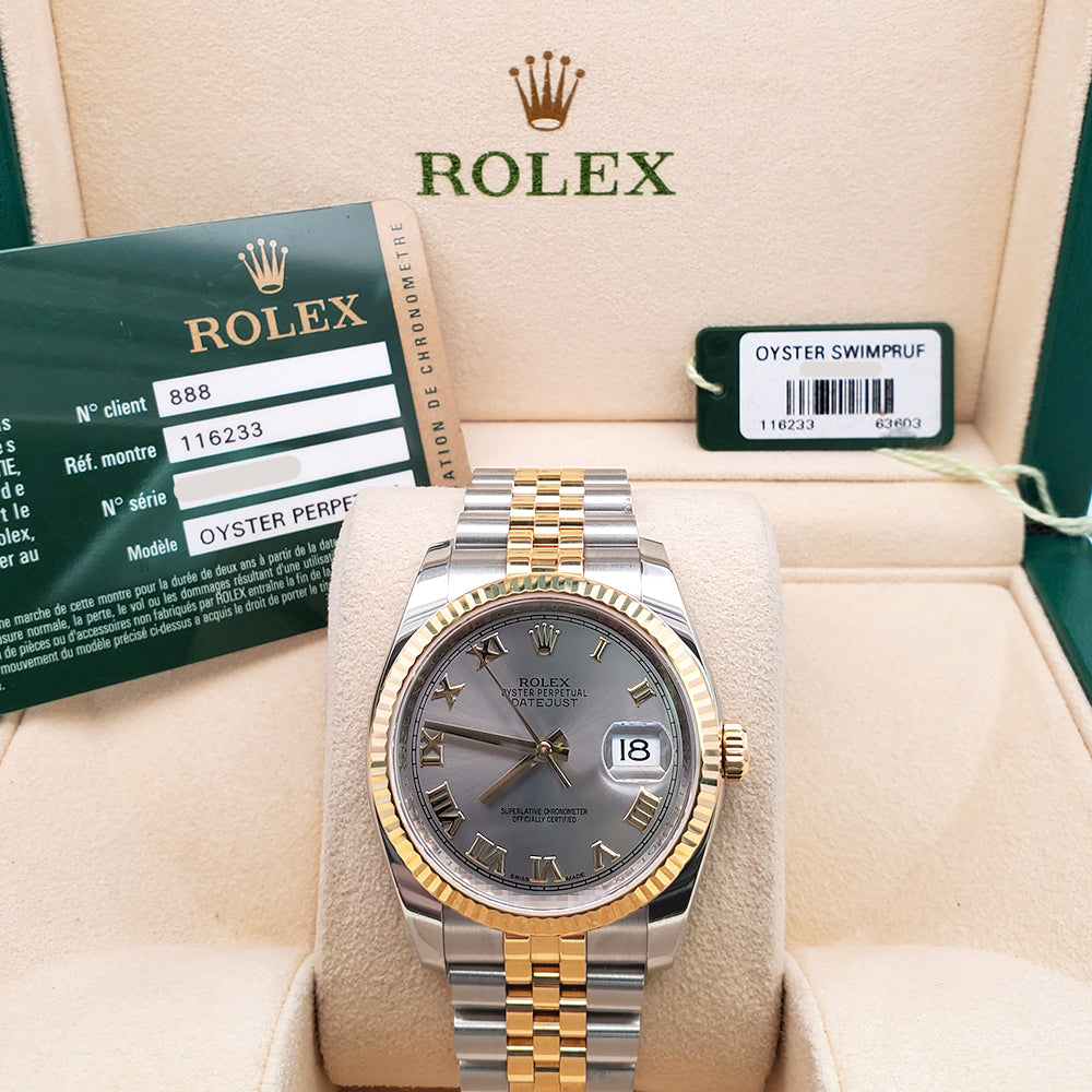 Rolex Datejust 36mm Slate Roman 2-Tone Yellow Gold/Steel Jubilee Watch 116233 Box/Papers/Tag