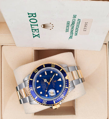 Rolex Submariner Date 40mm Blue Dial Yellow Gold/Stainless Steel Watch 16613 Box Papers