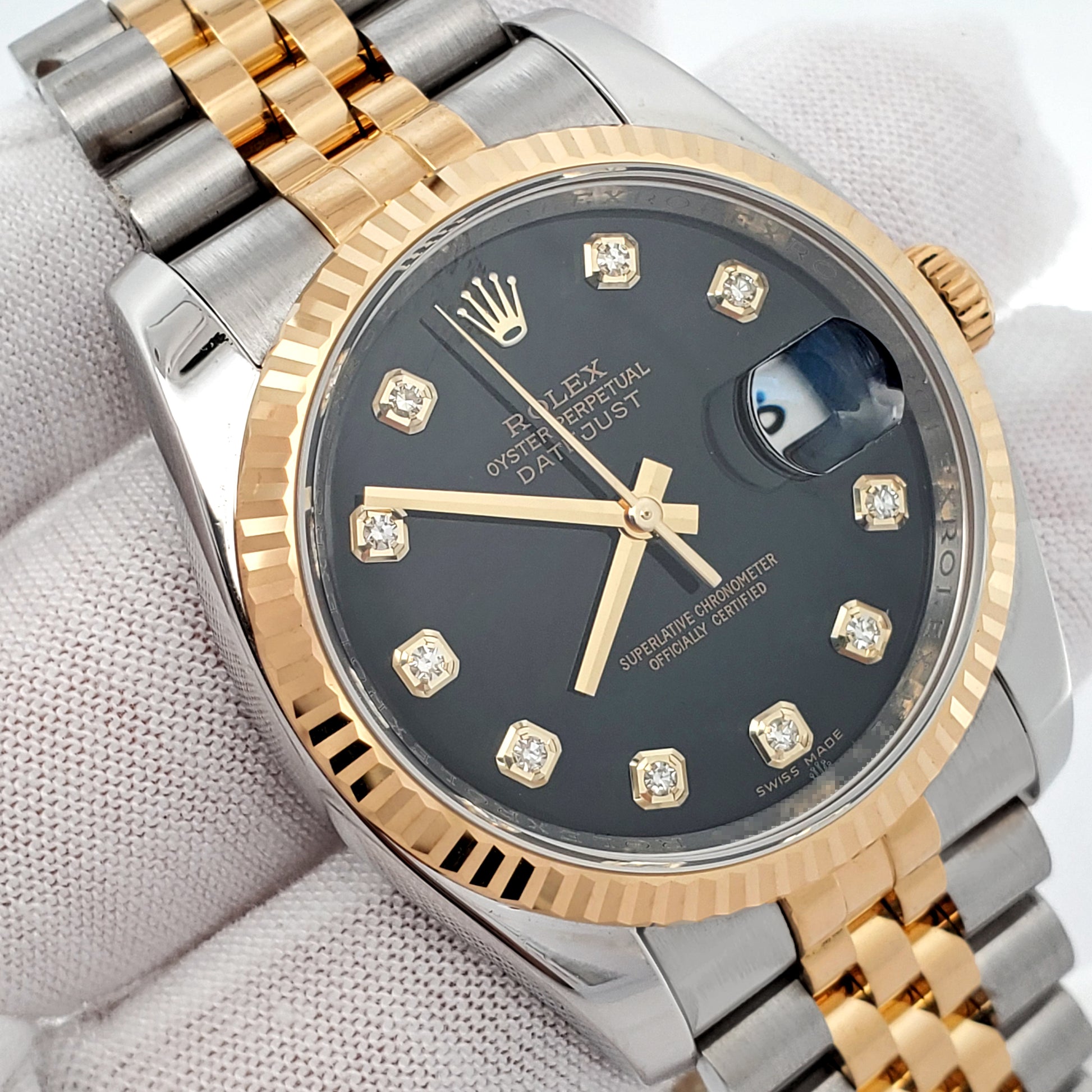 Rolex Datejust 36mm Factory Black Diamond 2-Tone Yellow Gold/Steel Jubilee Watch 116233 Box Papers