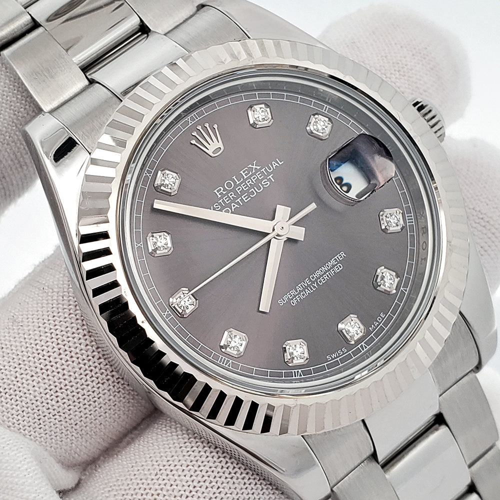 Rolex Datejust II 41mm Factory Diamond Rhodium White Gold Fluted Steel Watch 116334 Box Papers