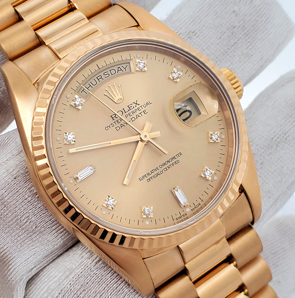 Rolex President Day-Date 36mm Factory Diamond Dial Double-Quick Yellow Gold Watch 18238