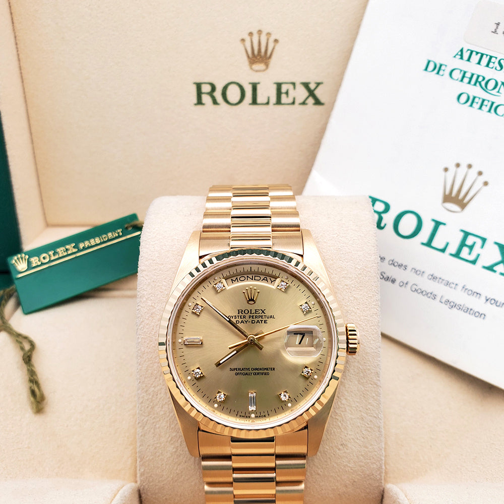 Rolex President Day-Date Factory Diamond Dial Double-Quick Yellow Gold 36mm Watch 18238 Box Papers