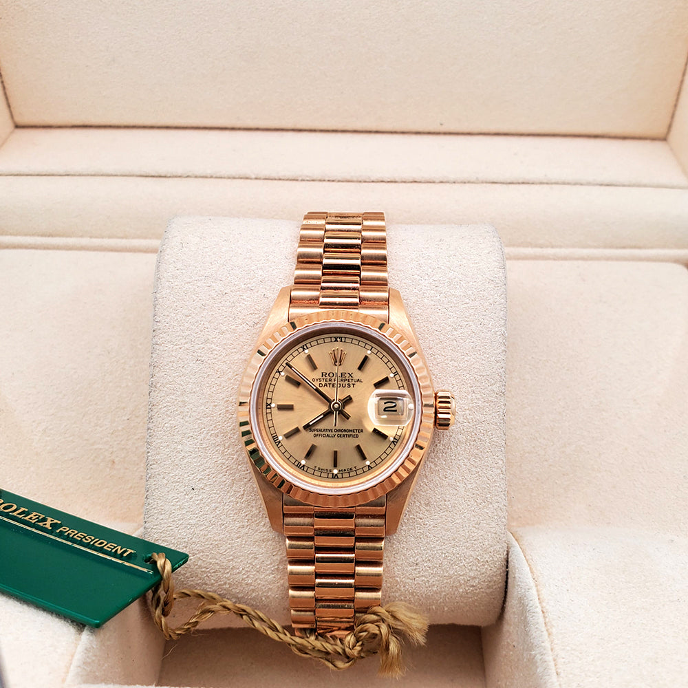 Rolex President 26mm Champagne Index Dial Yellow Gold Fluted Watch 69178 Box Papers