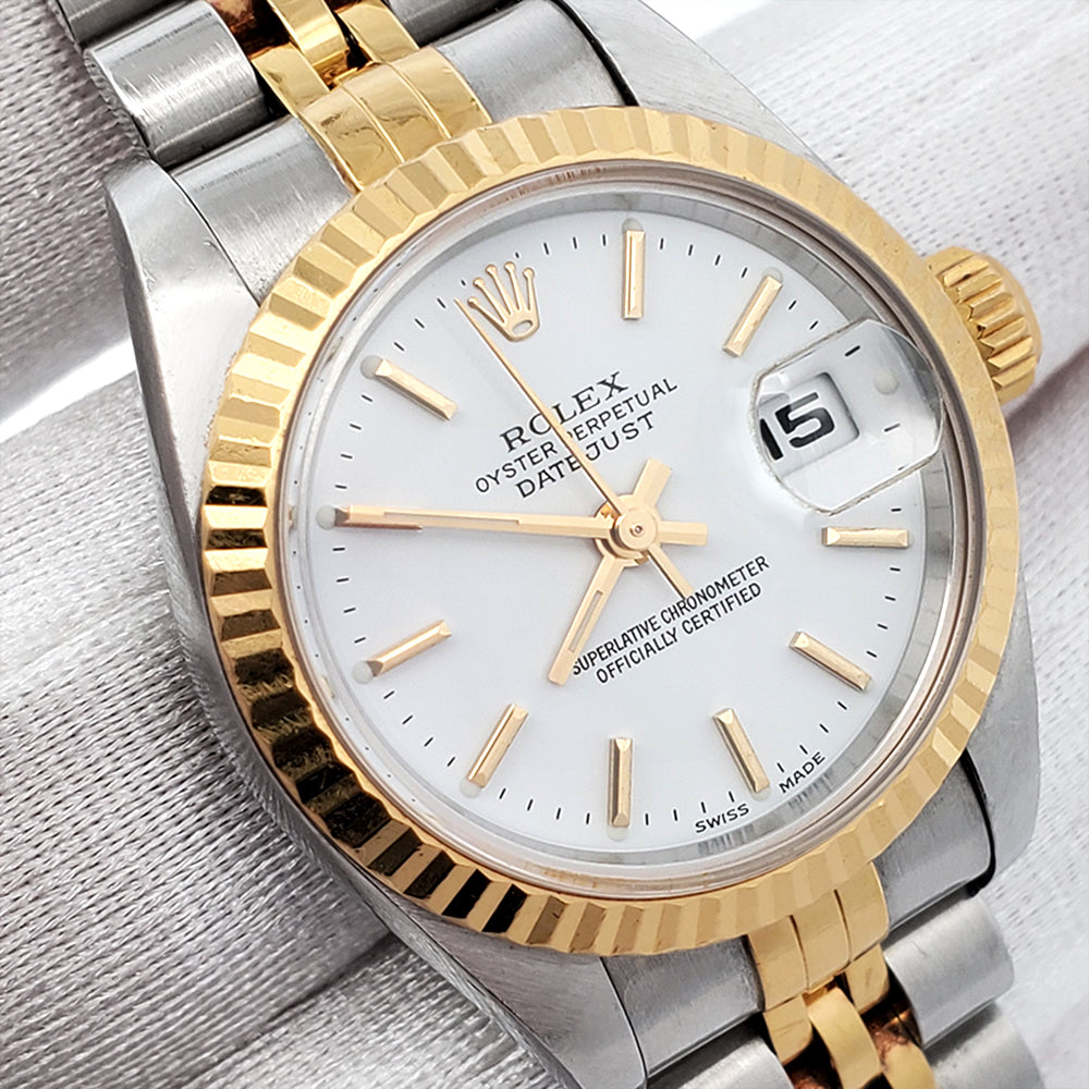 Rolex Datejust 26mm 79173 White Index Dial 2-Tone Yellow Gold Fluted Jubilee Watch Papers