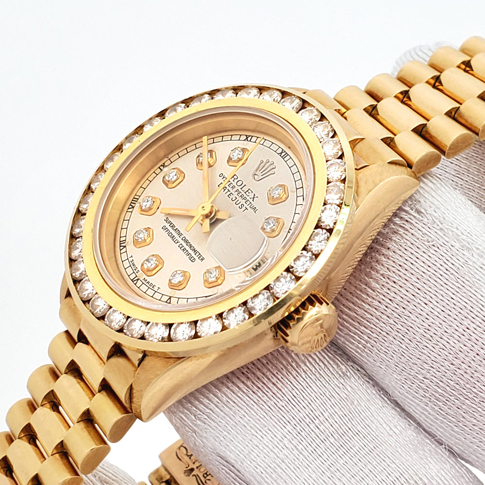 Rolex President Ladies 26mm Custom Silver Diamond Dial /Bezel Yellow Gold Watch 69178 Box Papers