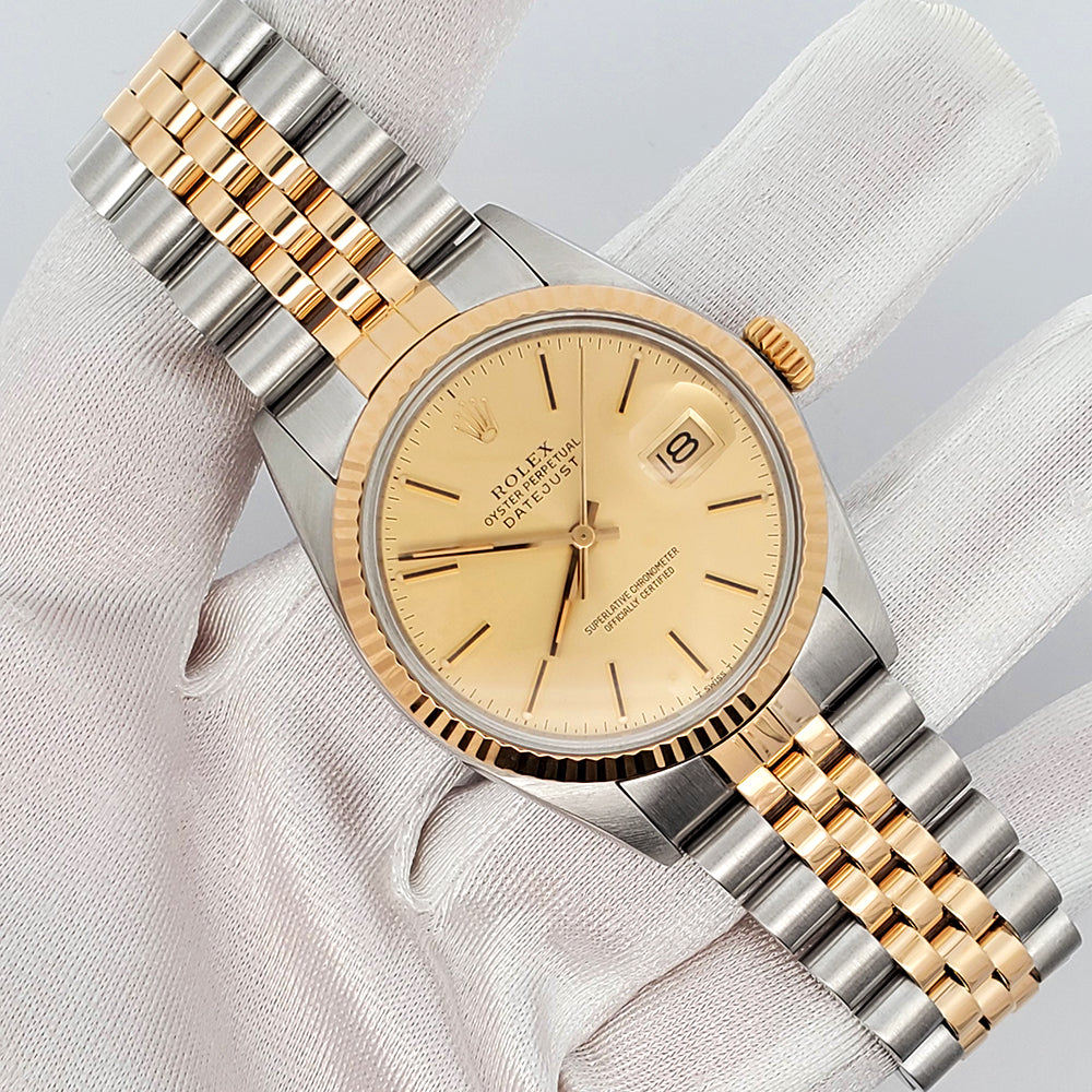 Rolex Datejust 36mm Champagne Stick Dial Yellow Gold/Stainless Steel Watch 16013