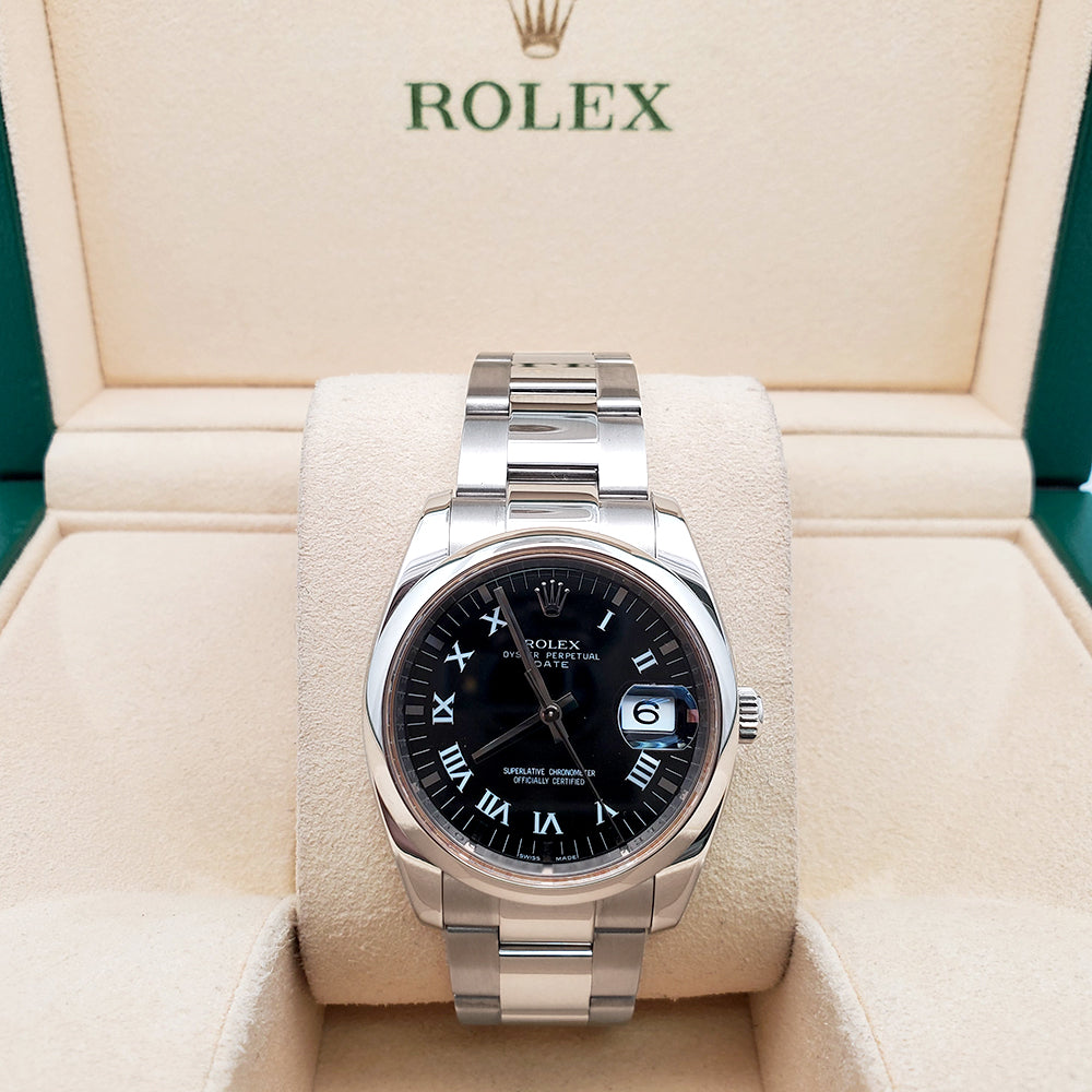 Rolex Oyster Perpetual Date 34mm 115200 Black Roman Dial Stainless Steel Oyster Watch