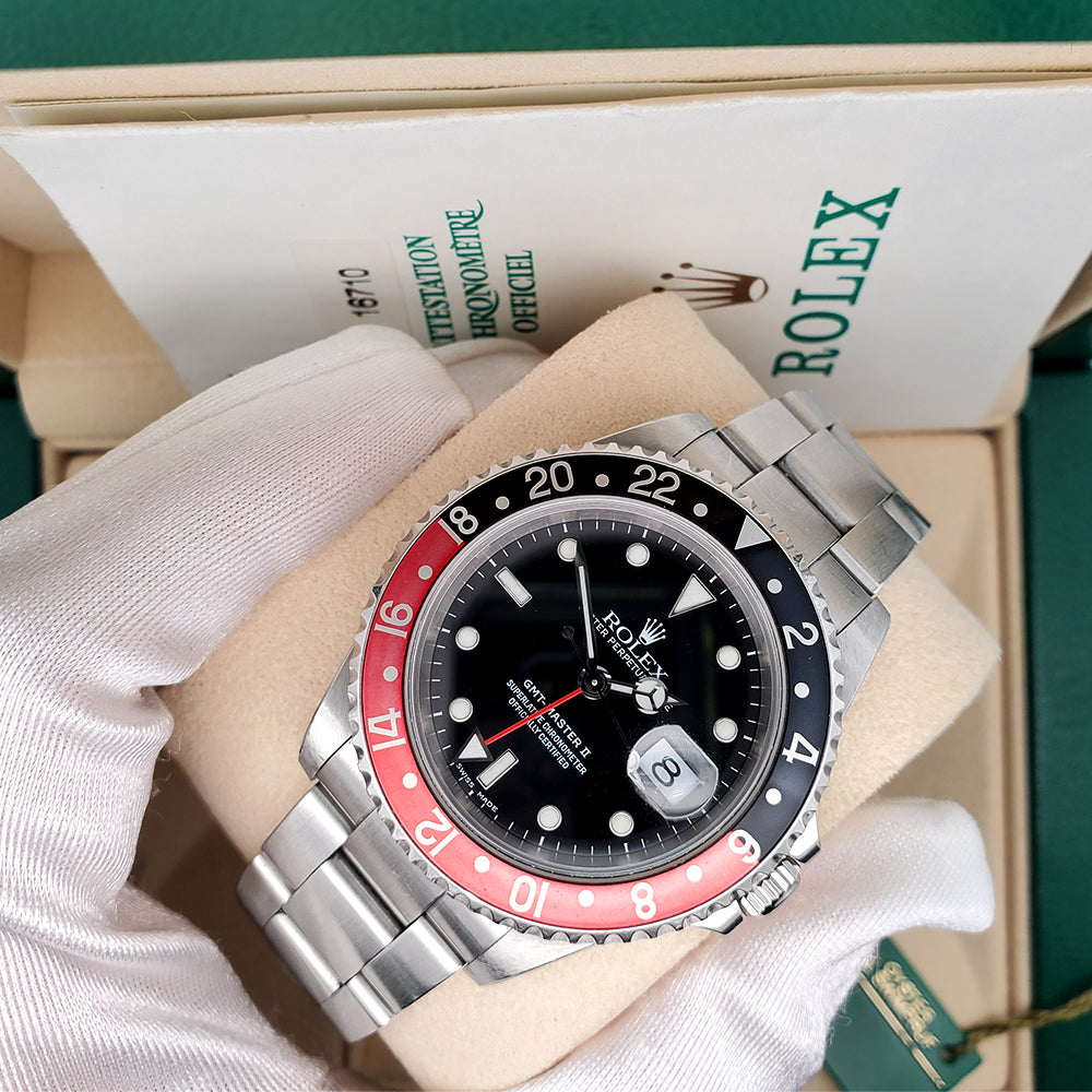 Rolex GMT-Master II 40mm Coke Red/Black Stainless Steel Watch 16710 Box Papers