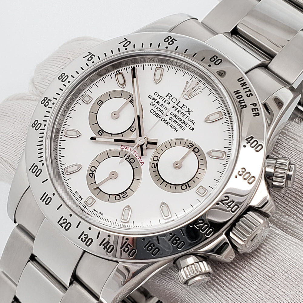 Rolex Cosmograph Daytona White Dial Engraved Rehaut 116520 Steel 40mm Watch Box Papers