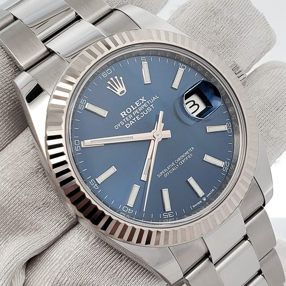 Rolex Datejust 41 Blue Index Dial White Gold Fluted Bezel Watch 126334 2019 Box Papers