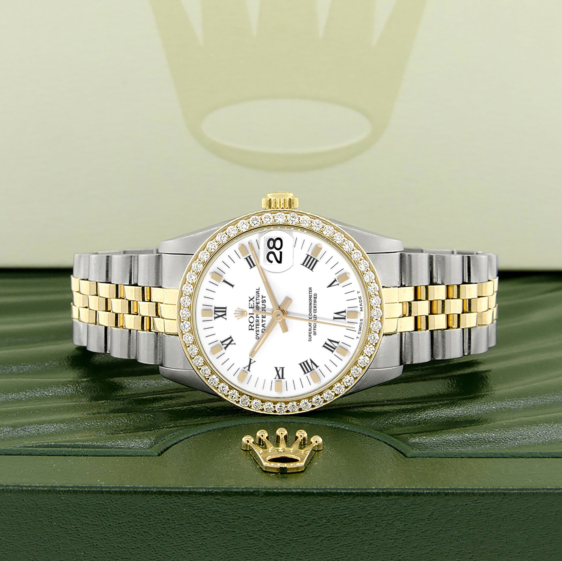 Rolex Datejust 2-tone 31mm 68273 White Roman Dial Watch With 0.95ct Diamond Bezel