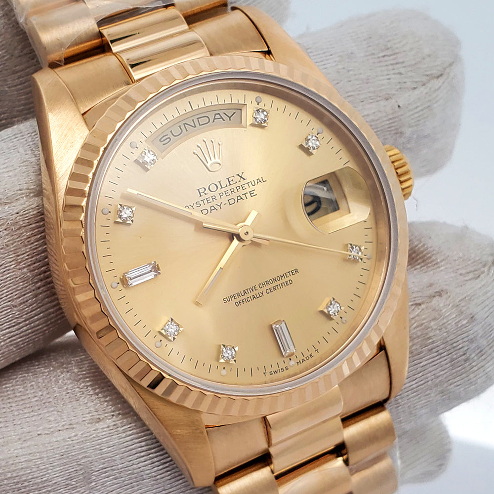 Rolex President Day-Date 36mm Factory Diamond Dial Double-Quick Yellow Gold Watch 18238 Box Papers