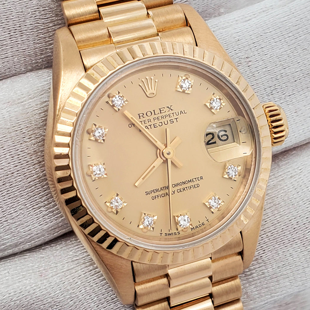 Rolex President Datejust 26mm Factory Diamond Yellow Gold Ladies Watch 69178 Box Papers