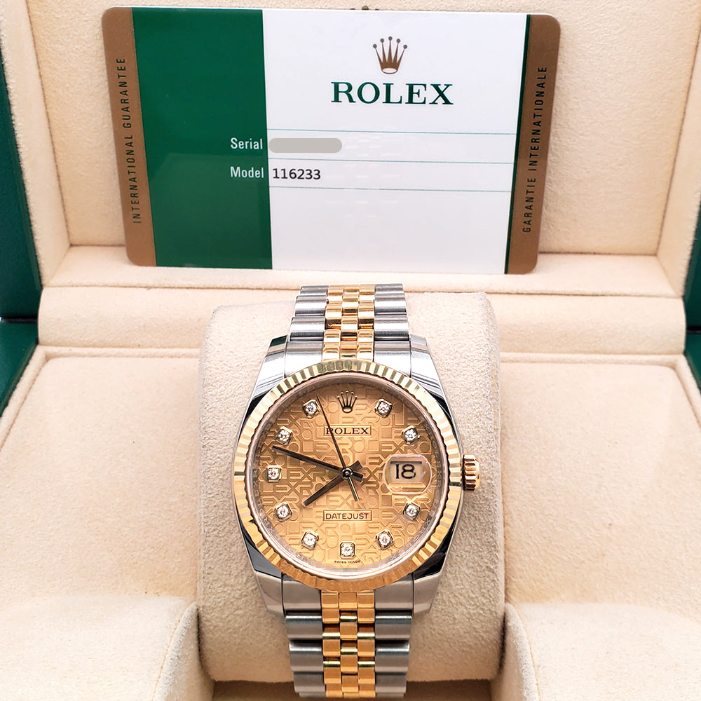 2016 Rolex Datejust 36mm 116233 Factory Champagne Jubilee Diamond 2-tone Yellow Gold/Steel Jubilee Watch Box Papers