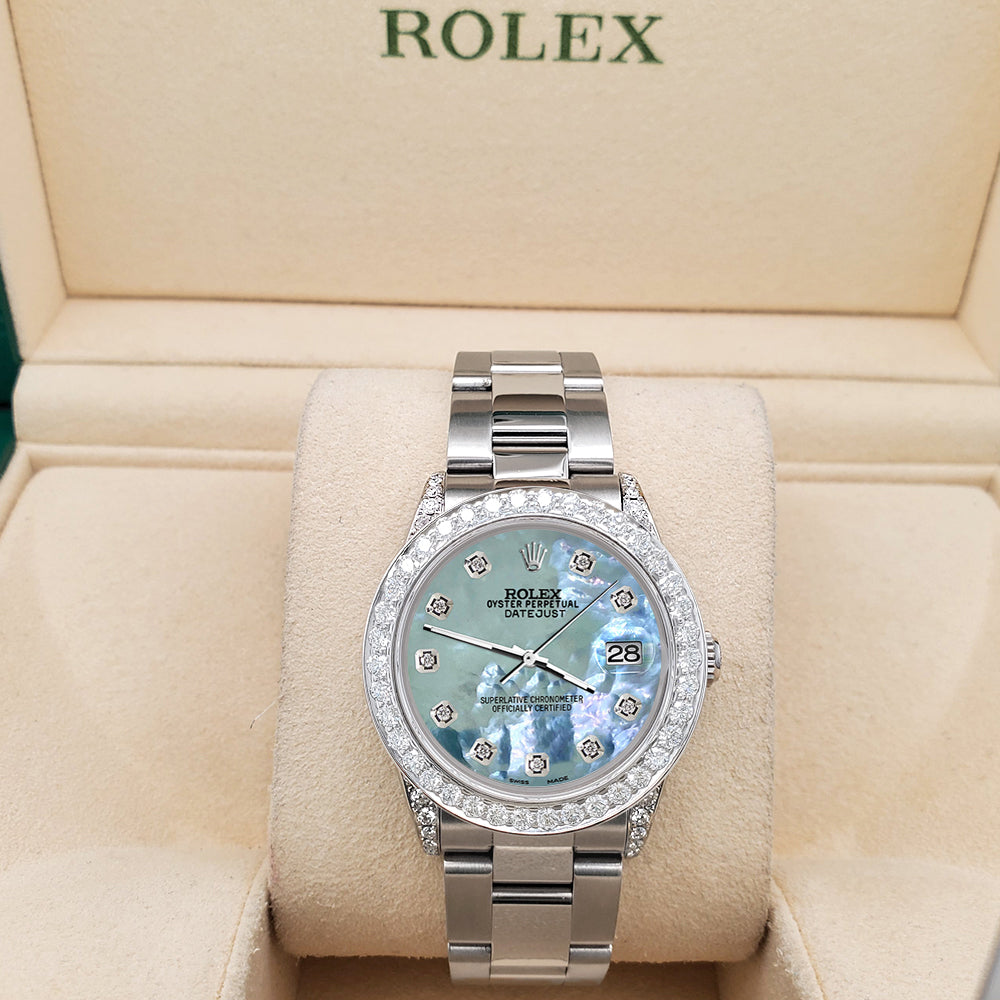 Rolex Datejust Midsize 31mm 2.1ct Diamond Bezel/Lugs Tahitian Blue MOP Dial Steel Oyster Watch
