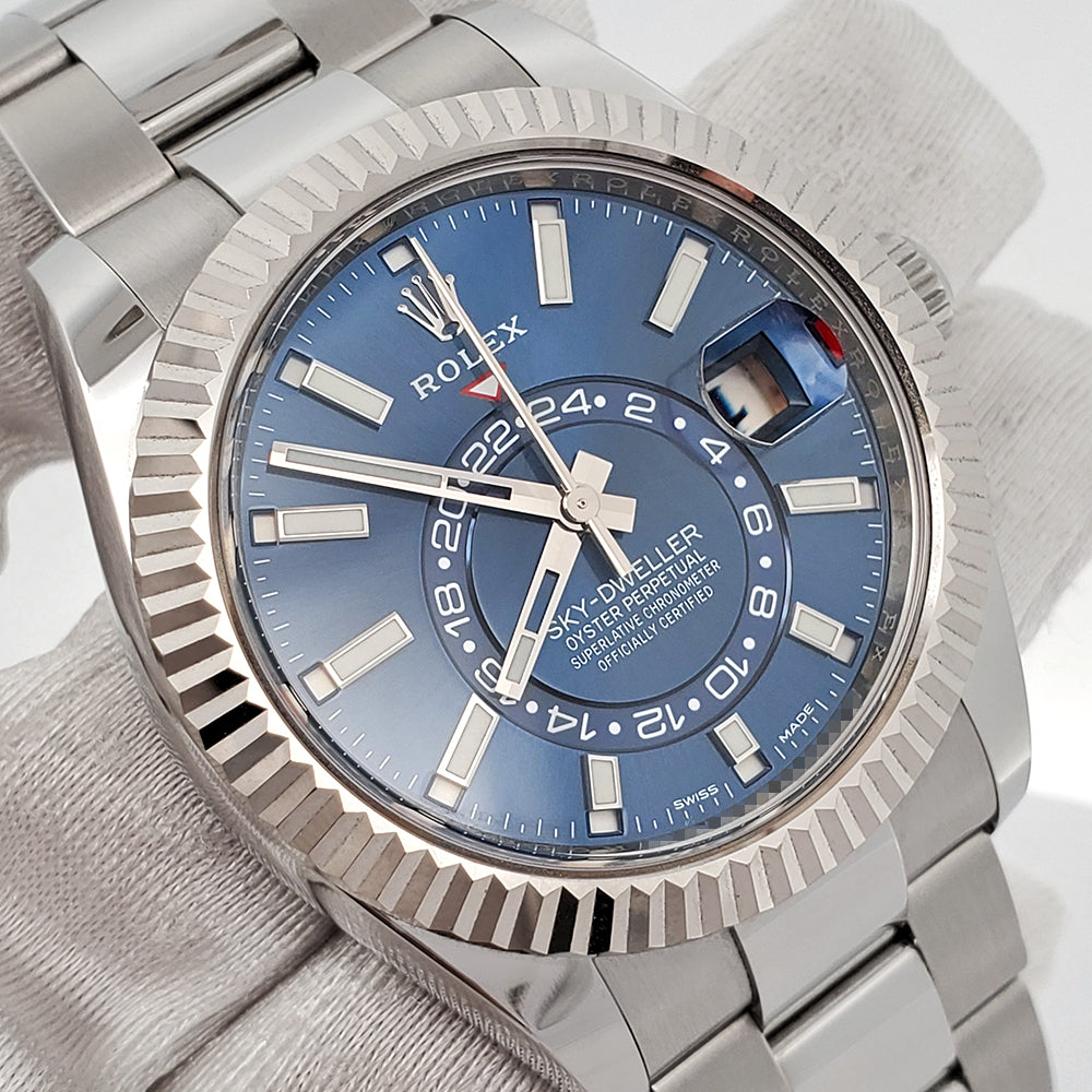 2021 Rolex Sky-Dweller 42mm 326934 Blue Index White Gold Fluted Bezel Steel Oyster Watch Box Papers