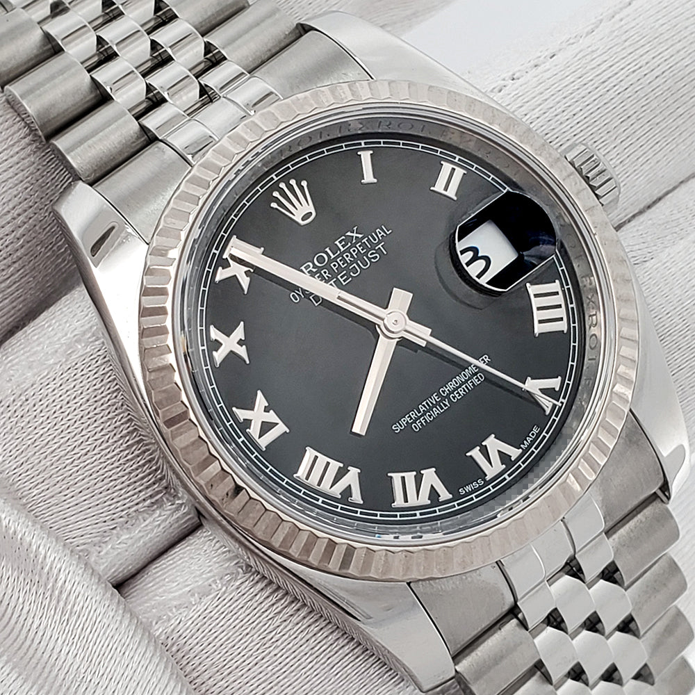 Rolex Datejust 36mm Black Roman Dial White Gold Fluted Bezel Steel Jubilee Watch 116234 Box Papers