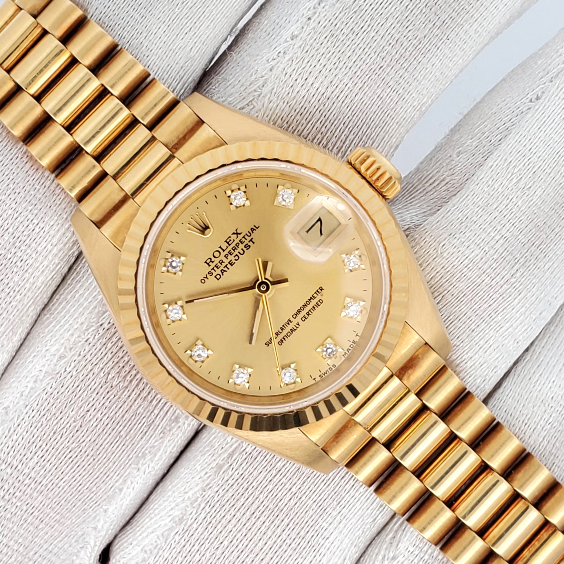 Rolex President Ladies 26mm Factory Champagne Diamond Dial Yellow Gold Watch 69178