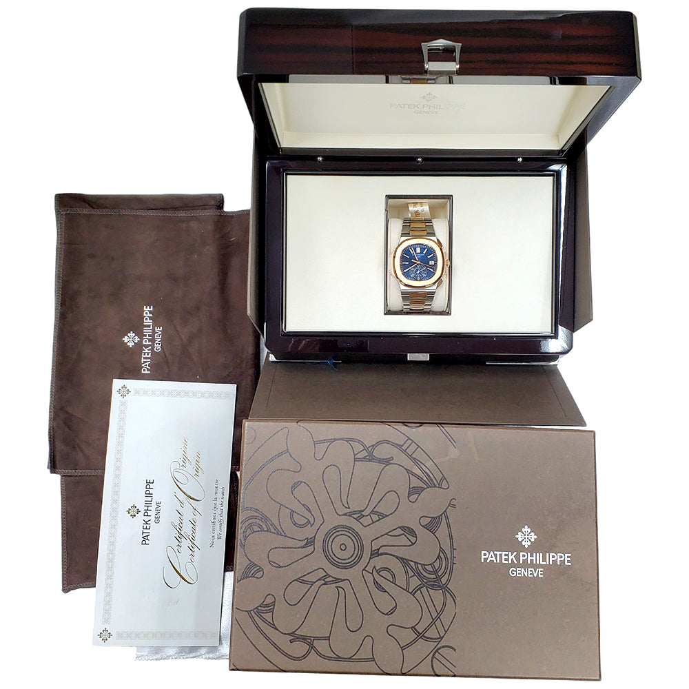 2016 Patek Philippe Nautilus Chronograph 5980/1AR-001 Blue Dial 2-Tone Rose Gold/Steel Watch Box Papers