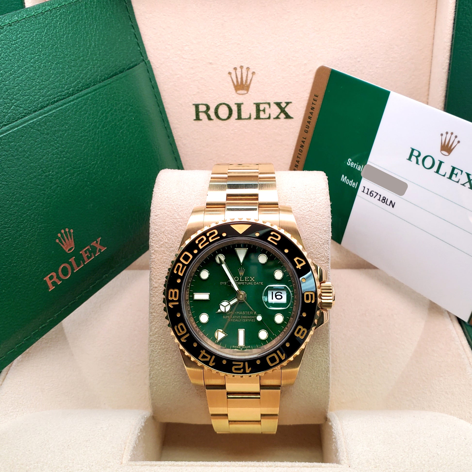 2016 Rolex GMT-Master II Green Dial 116718LN Yellow Gold 40mm Watch Box Papers