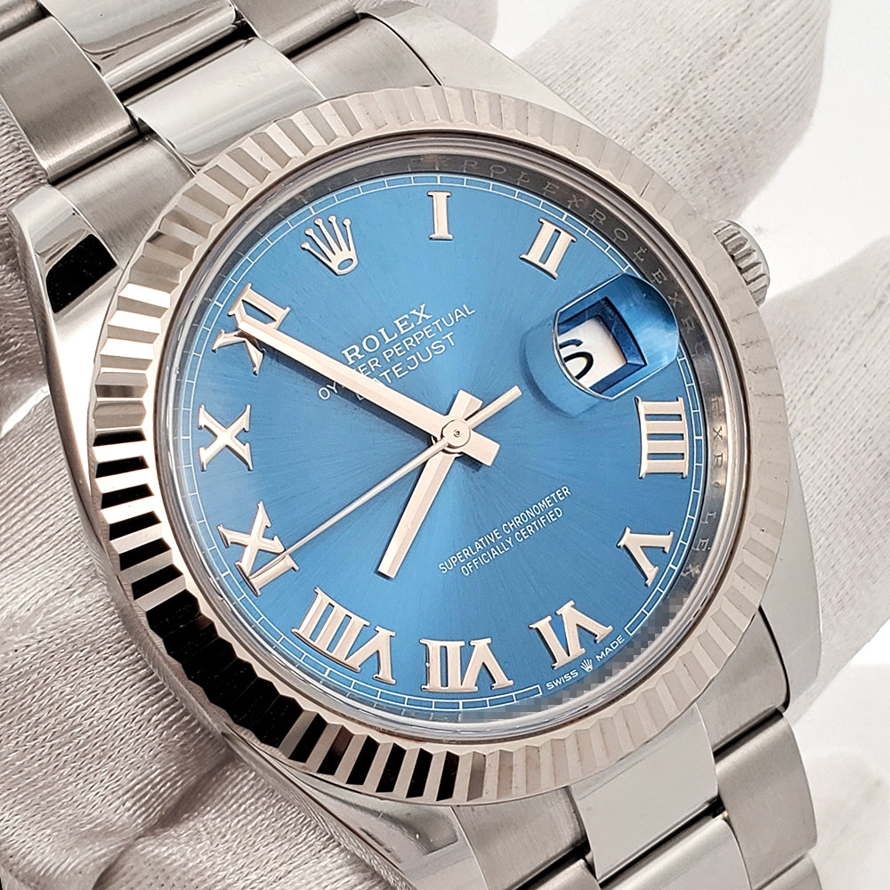 2023 Unworn Rolex Datejust 41 Blue Roman White Gold Fluted Bezel Watch 126334 Box Papers