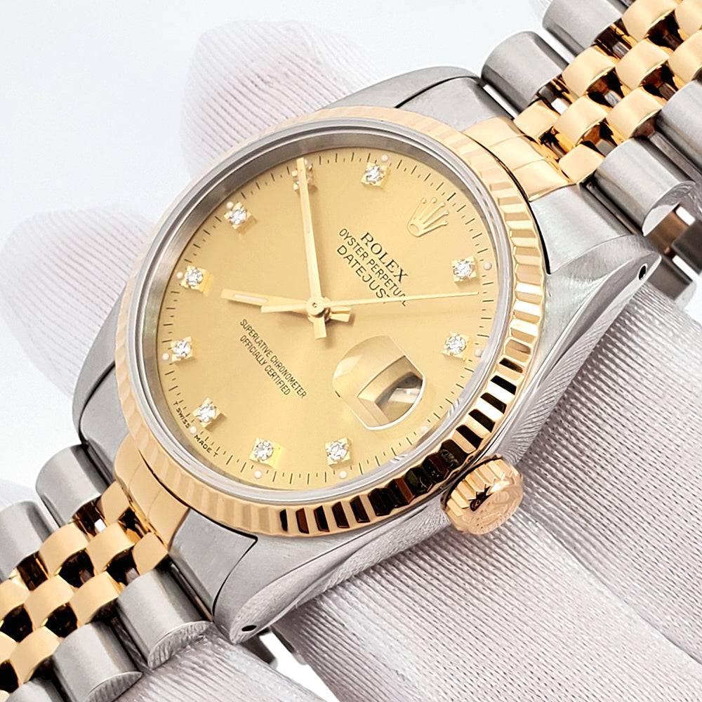 Rolex Datejust 36mm 16233 Factory Champagne Diamond Dial Yellow Gold/Steel Watch