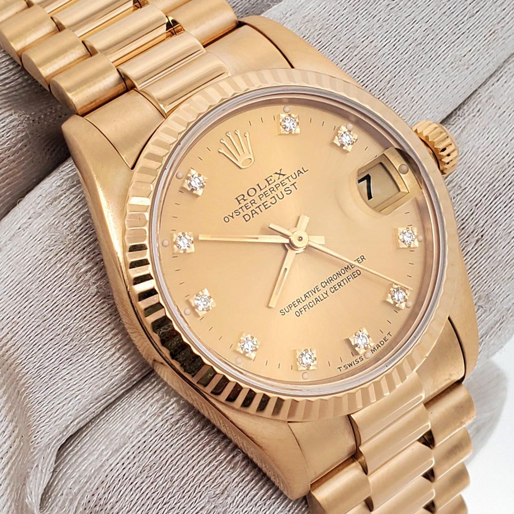 Rolex President Datejust 31mm Factory Champagne Diamond Dial Yellow Gold 68278 Watch Box Papers