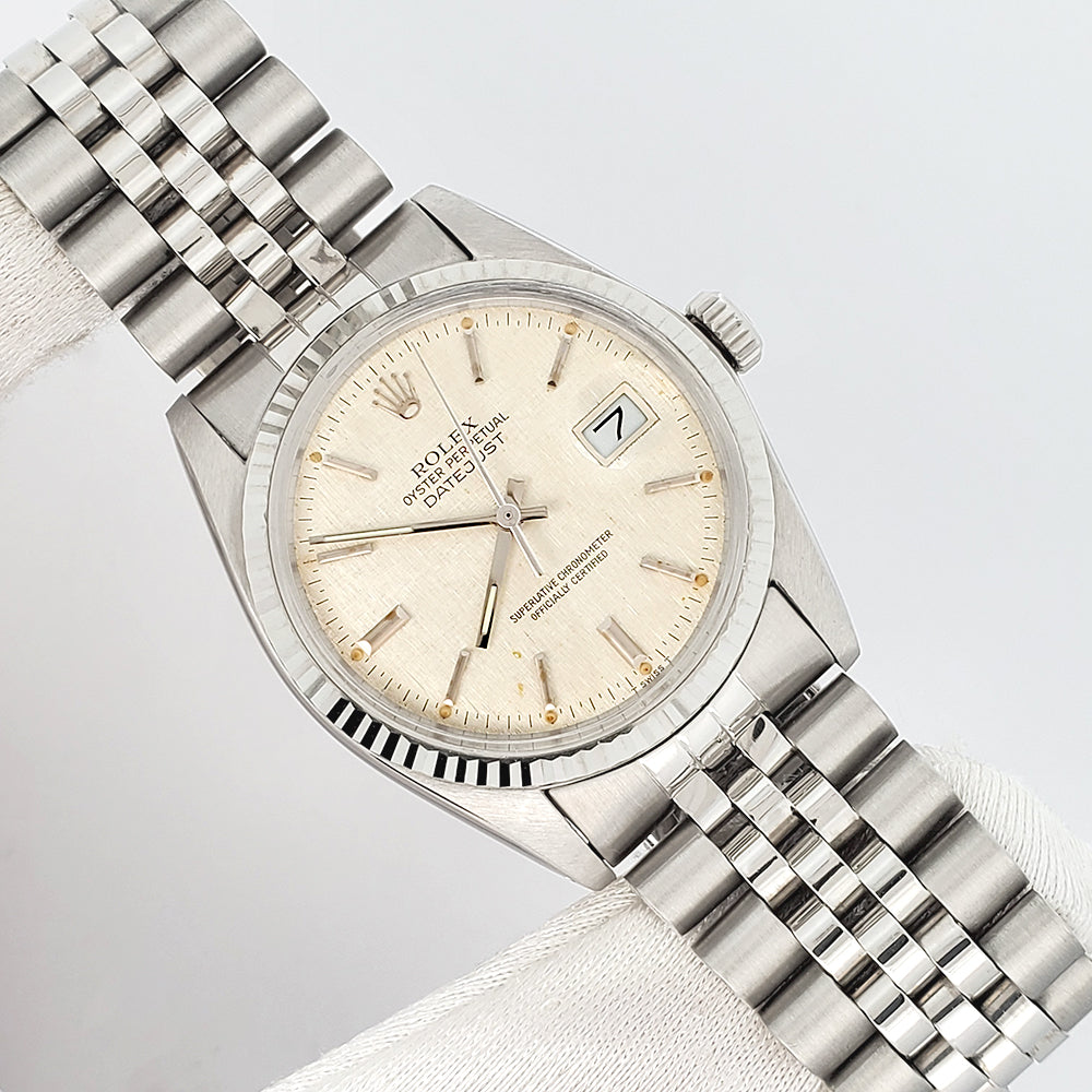Rolex Datejust 36mm Silver Linen Dial White Gold Fluted Steel Jubilee Watch 16014
