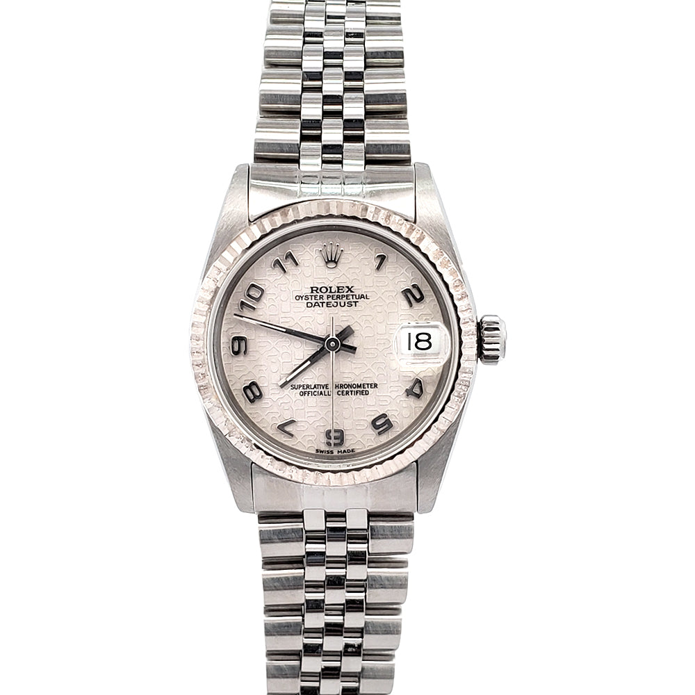 Rolex Datejust White Gold Fluted Bezel Jubilee Arabic Dial Steel 31mm Watch 68274