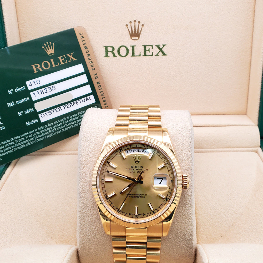 Rolex Yellow Gold President Day-Date 36 Champagne Index Dial Watch 118238 Box Papers