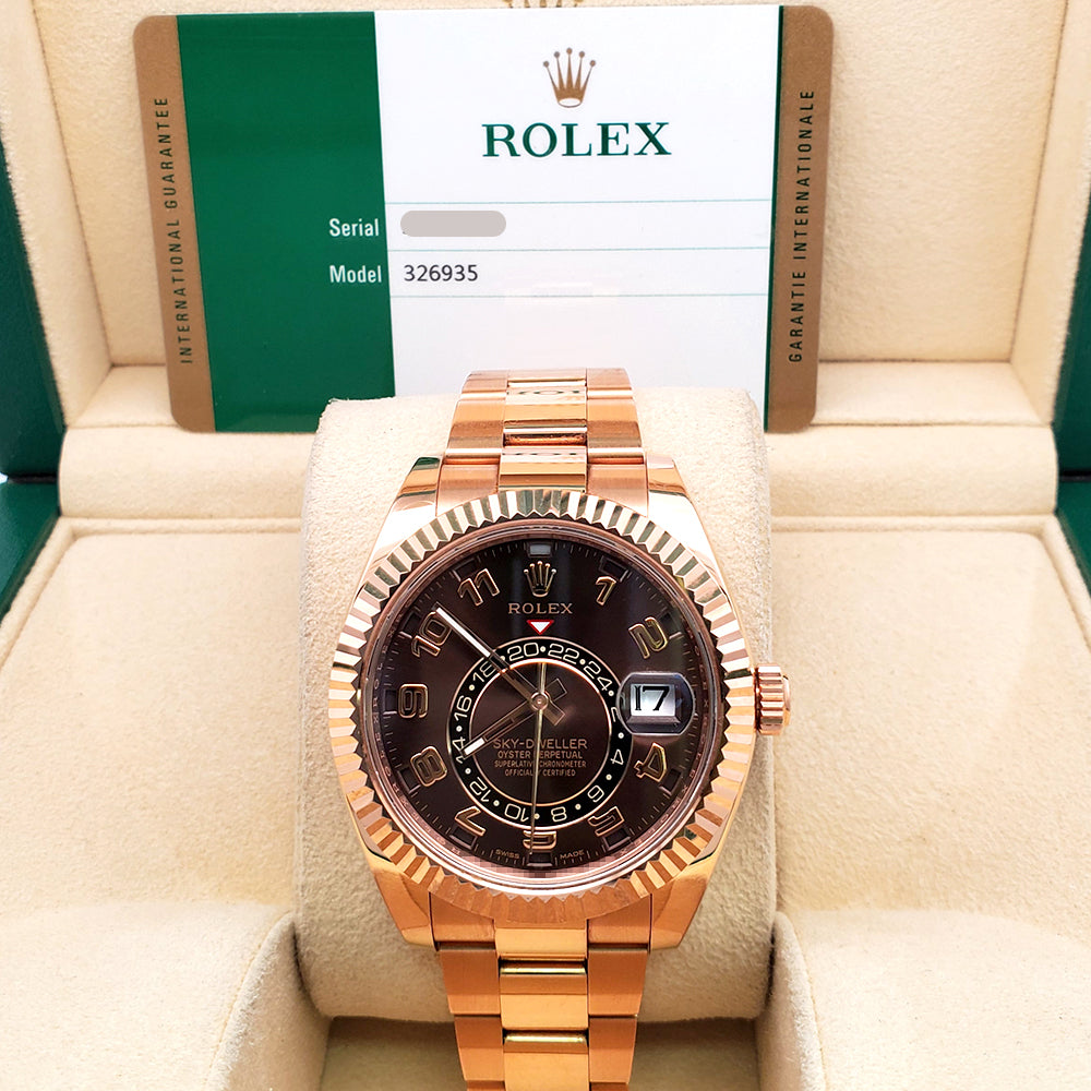 2016 Rolex Sky-Dweller 42mm Chocolate Arabic Dial Rose Gold Watch 326935 Box Papers