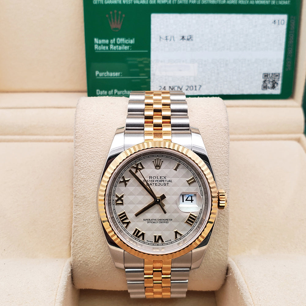 Rolex Datejust 36mm 2-Tone Yellow Gold/Steel Cream Pyramid Dial Watch 116233 Box Papers