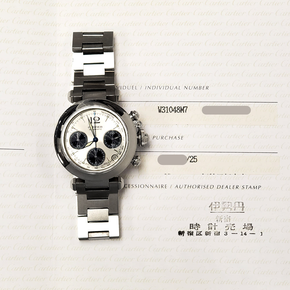 Cartier Pasha C 36mm Silver Panda Dial Chronograph Steel 2412 W31048M7 Watch Papers