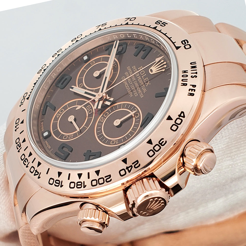 Rolex Daytona 40mm Rose Gold Chocolate Arabic Dial Cosmograph Watch 116505 Box Papers