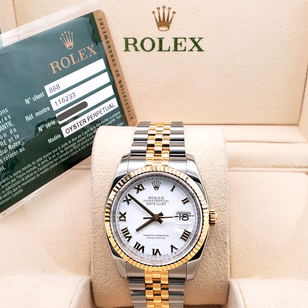 Rolex Datejust 36mm White Roman 2-Tone Yellow Gold/Steeel Jubilee Watch 116233 Box Papers