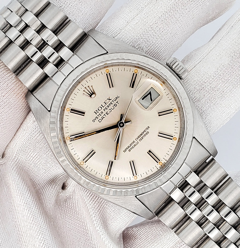 Rolex Datejust 36mm Silver Index Dial White Gold Fluted Steel Jubilee Watch 16014