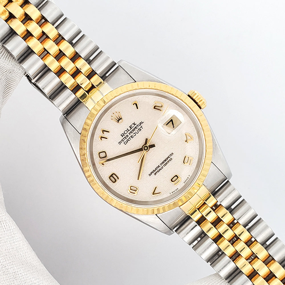 Rolex Datejust 36mm 16233 Cream Jubilee Arabic Dial 2-tone Yellow Gold/Steel Jubilee Watch