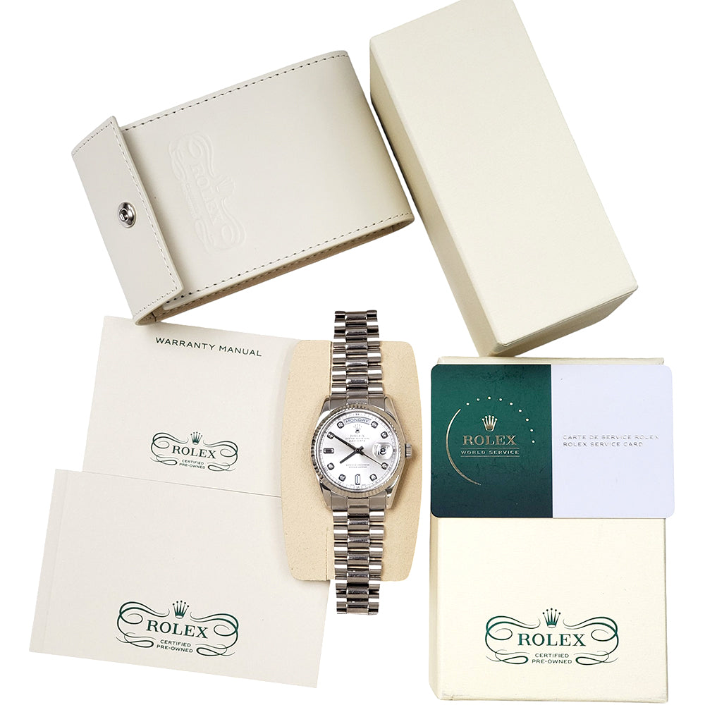 Certified Rolex President Day-Date 36mm 118239 Factory Silver Diamond Dial White Gold Watch Box Papers