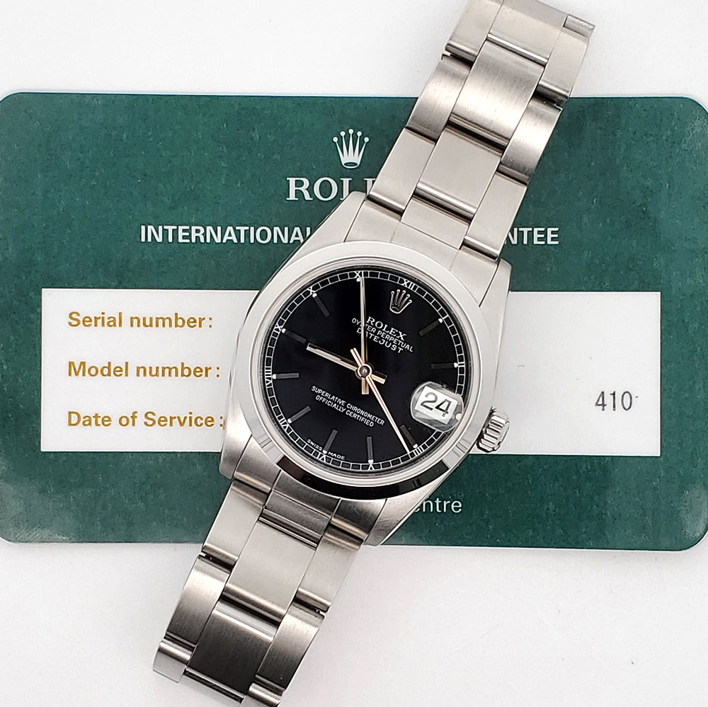 Rolex Datejust 31mm Midsize Black Index Steel Oyster Watch 78240 Service Papers