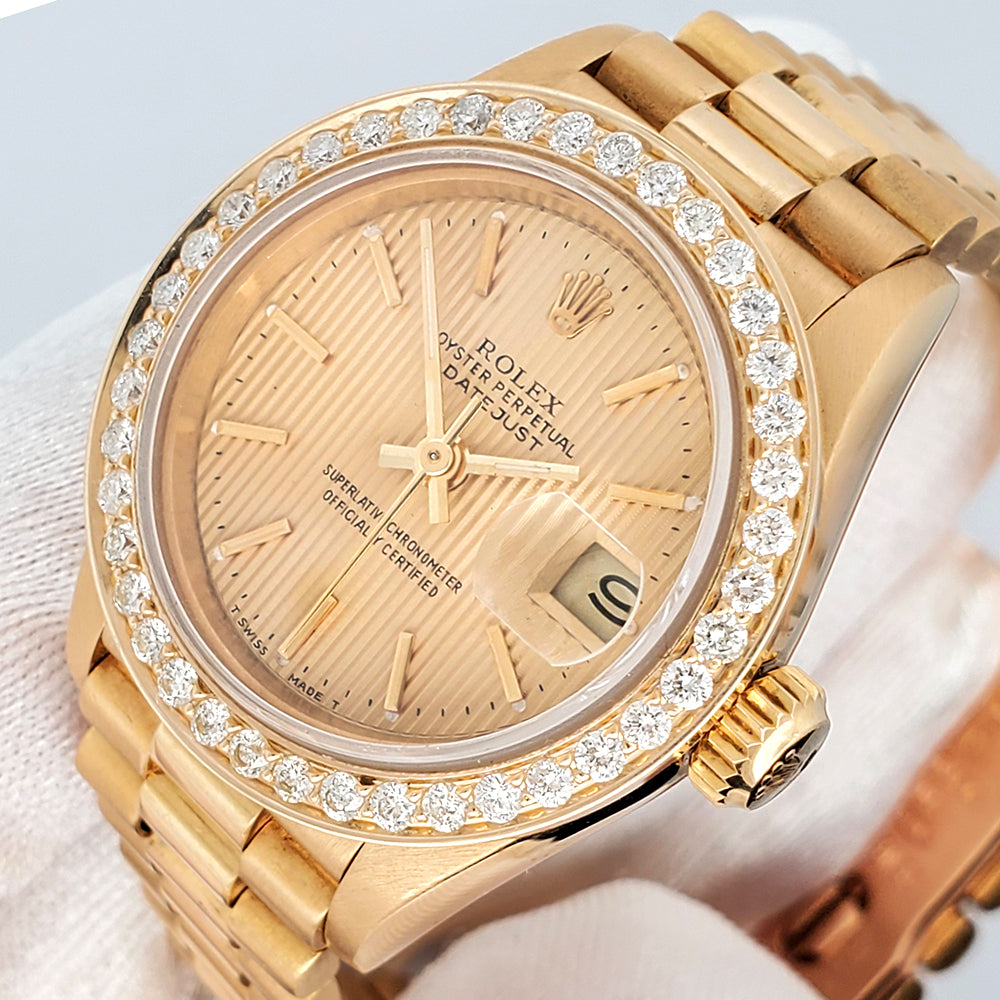 Rolex President 26mm Diamond Bezel/Champagne Tapestry Dial Yellow Gold Watch 69178