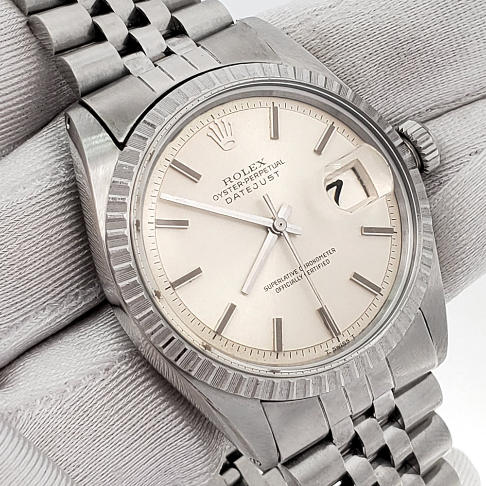 Rolex Datejust 36mm Silver Index Engine Turned Bezel Steel Jubilee Watch 1603 Service Papers