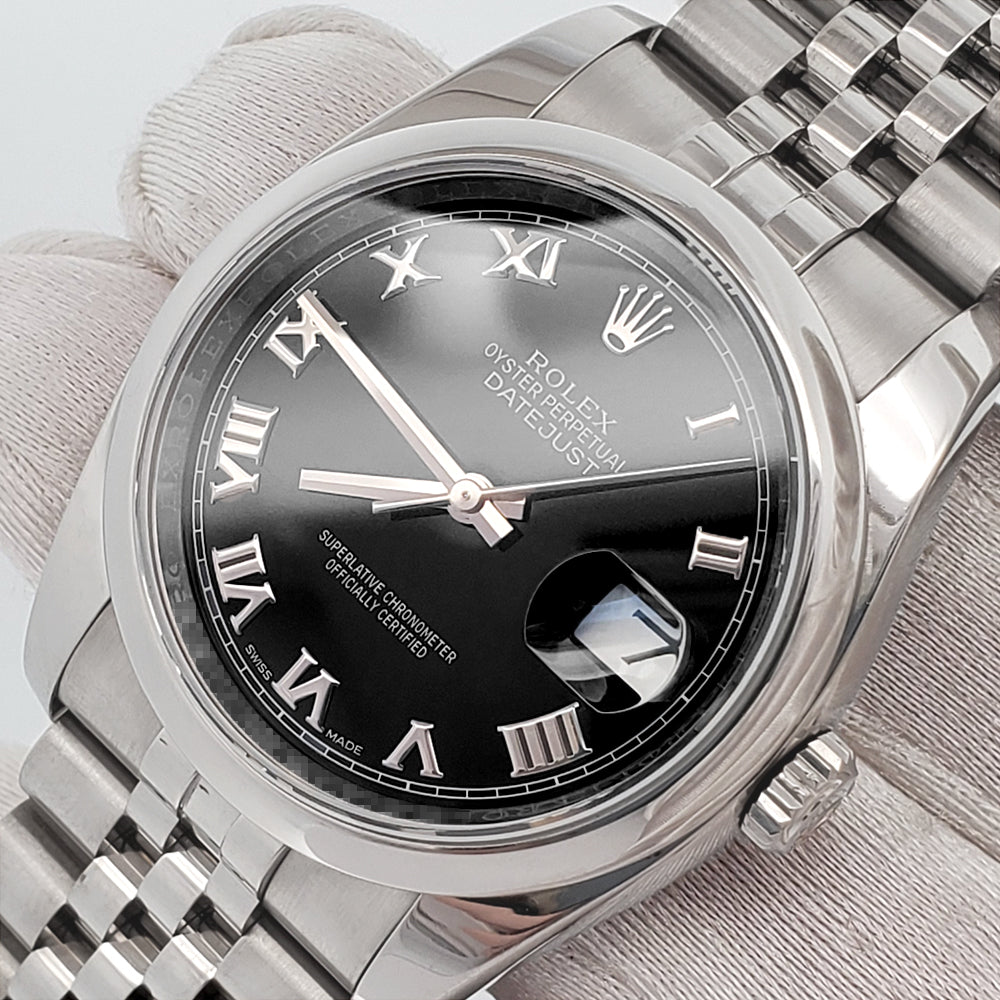 Rolex Datejust 36mm Black Roman Dial Steel Jubilee Watch 116200 Box Papers