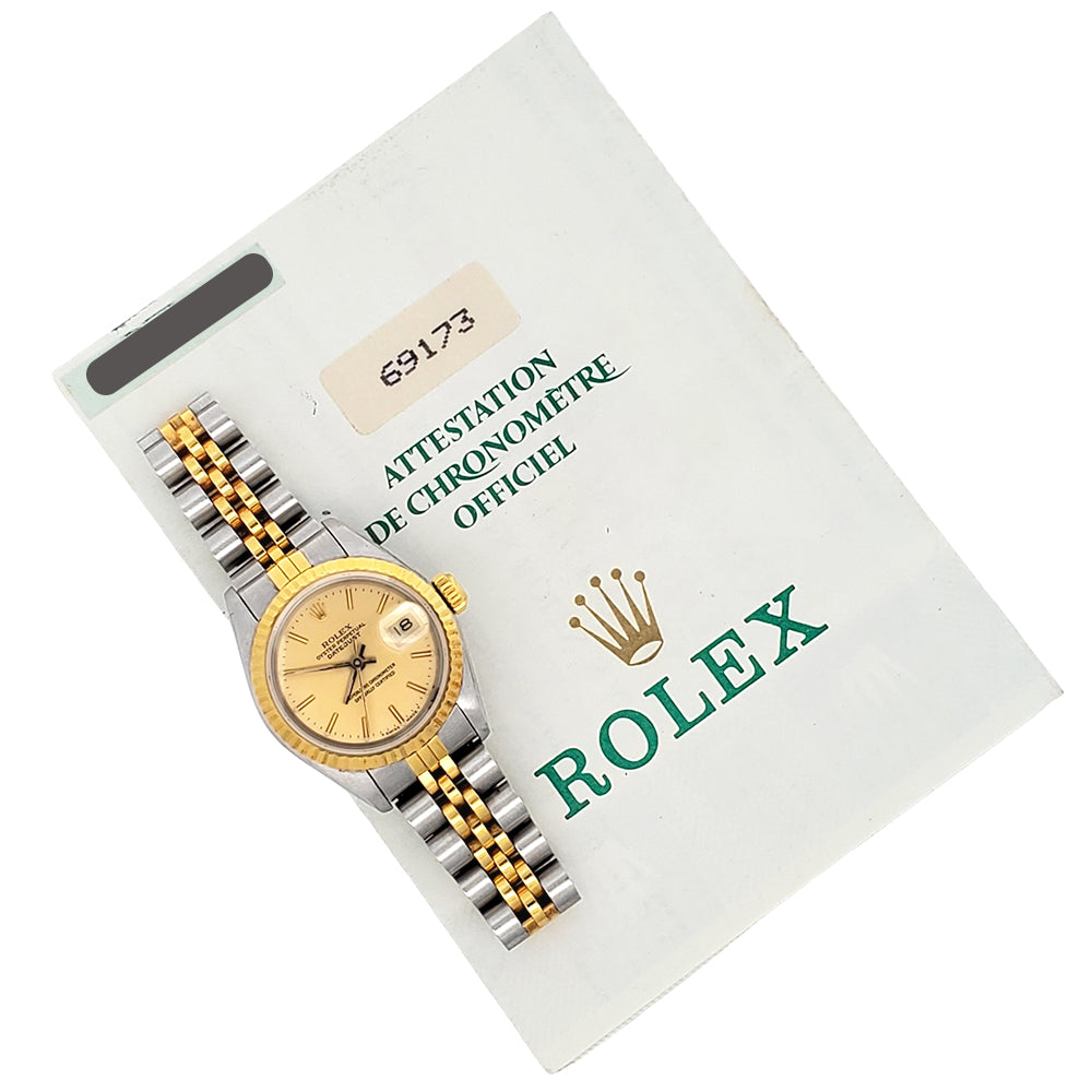 Rolex Datejust 2-tone Yellow Gold/Steel Champagne Index Jubilee 26mm Watch 69173 Papers