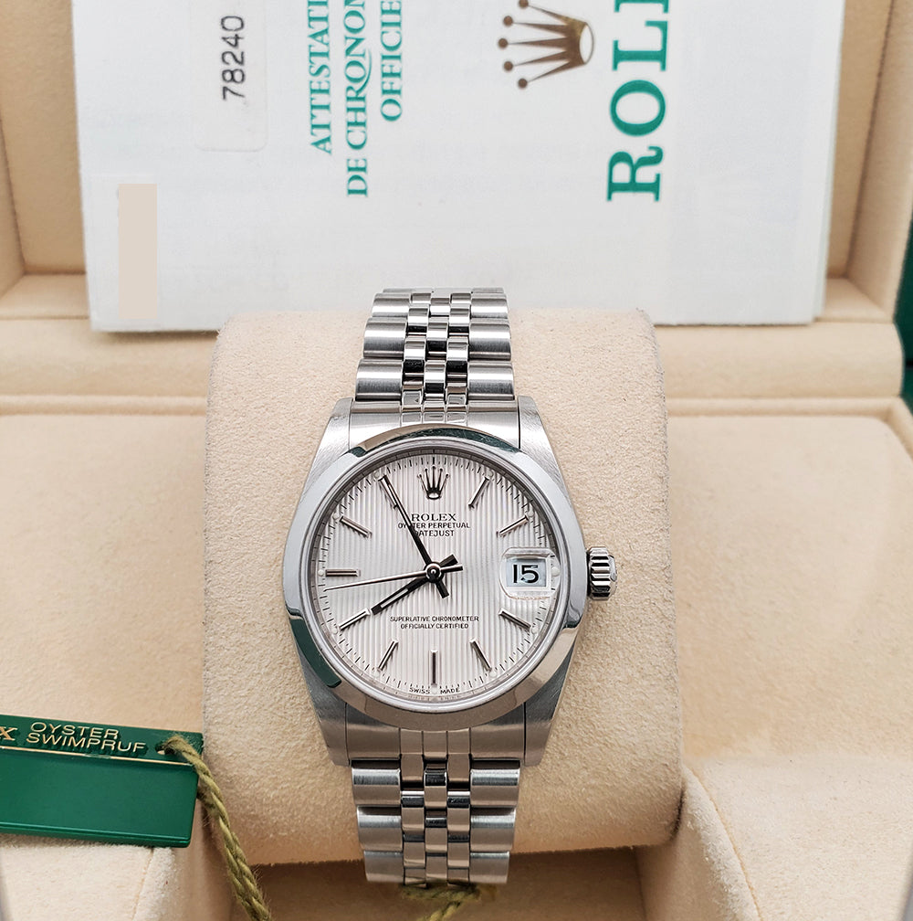 Rolex Datejust 31mm 78240 Silver Tapestry Dial Smooth Bezel Stainless Steel Watch Box Papers