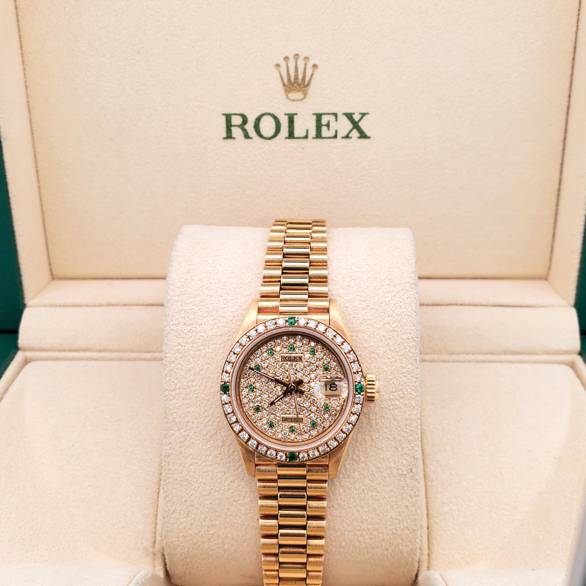 Rolex President Ladies Custom Diamond Pave Ruby Dial/Bezel Yellow Gold Watch 26mm 69178
