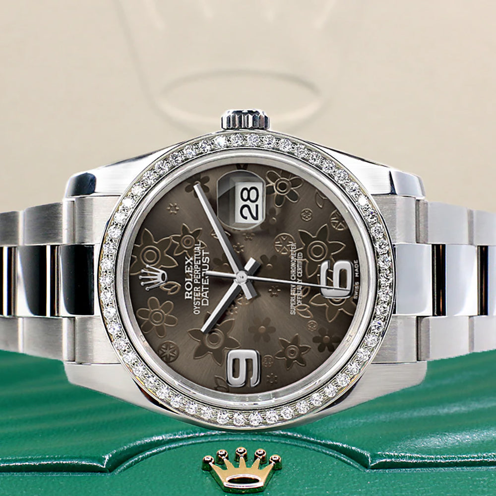 Rolex Datejust 36mm Rhodium Floral Dial Oyster Watch with custom VS1 Diamond Bezel 116200