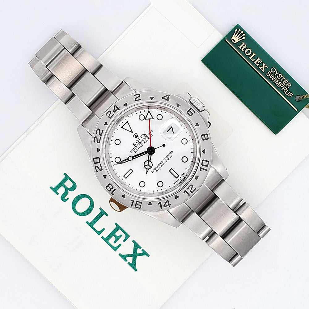 2002 Rolex Explorer II Polar White Steel Oyster 40mm Watch 16570 Papers/Serial Tag